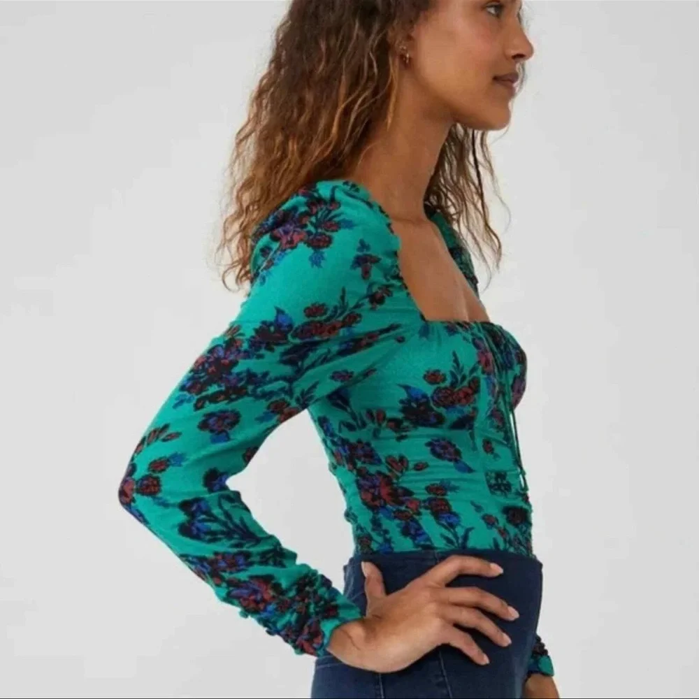NEW Free People Green Puff Sleeve Ruched Blouse